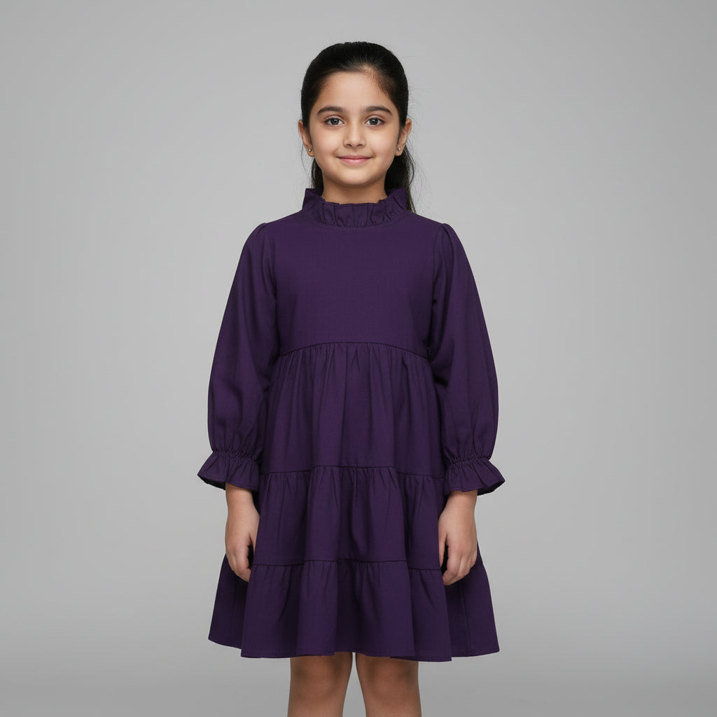 Girls purple solid tiered cotton viscose dress with high neck and full sleeves