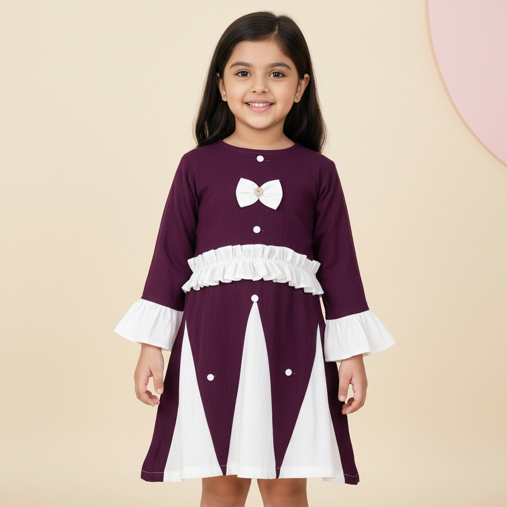 Girls purple and white cotton blend dress with contrast ruffle panel and bow