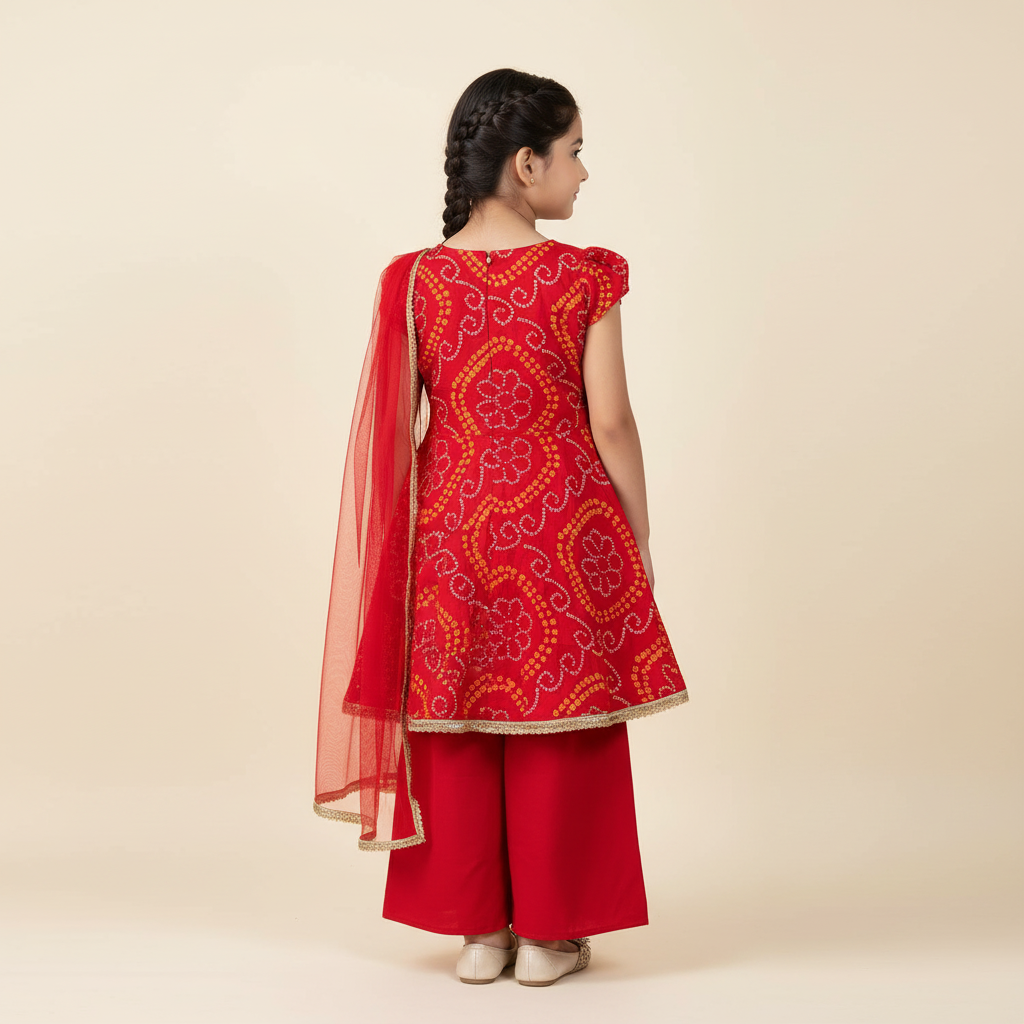 Girls red bandhani ethnic co-ord set - view 2