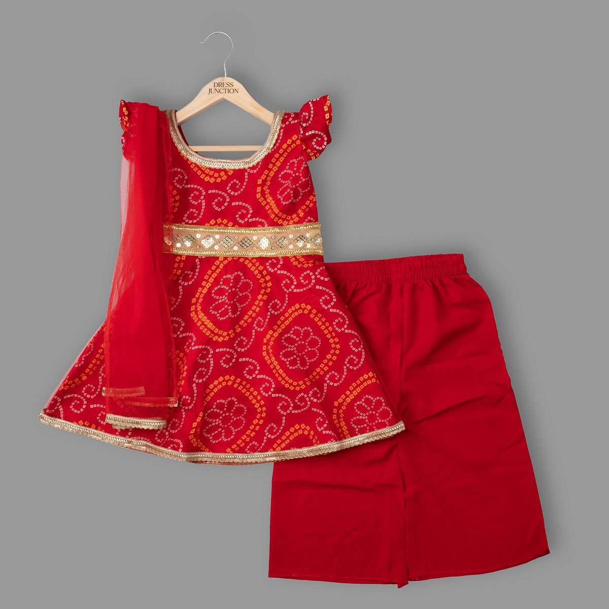 Girls red bandhani ethnic co-ord set - view 4
