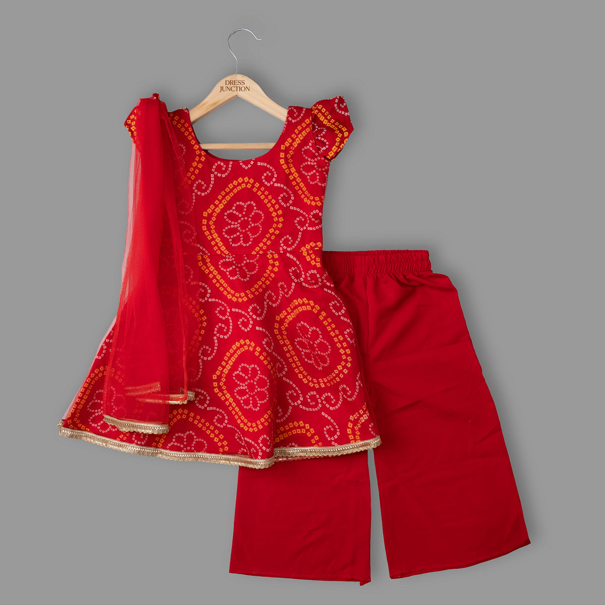 Girls red bandhani ethnic co-ord set - view 5