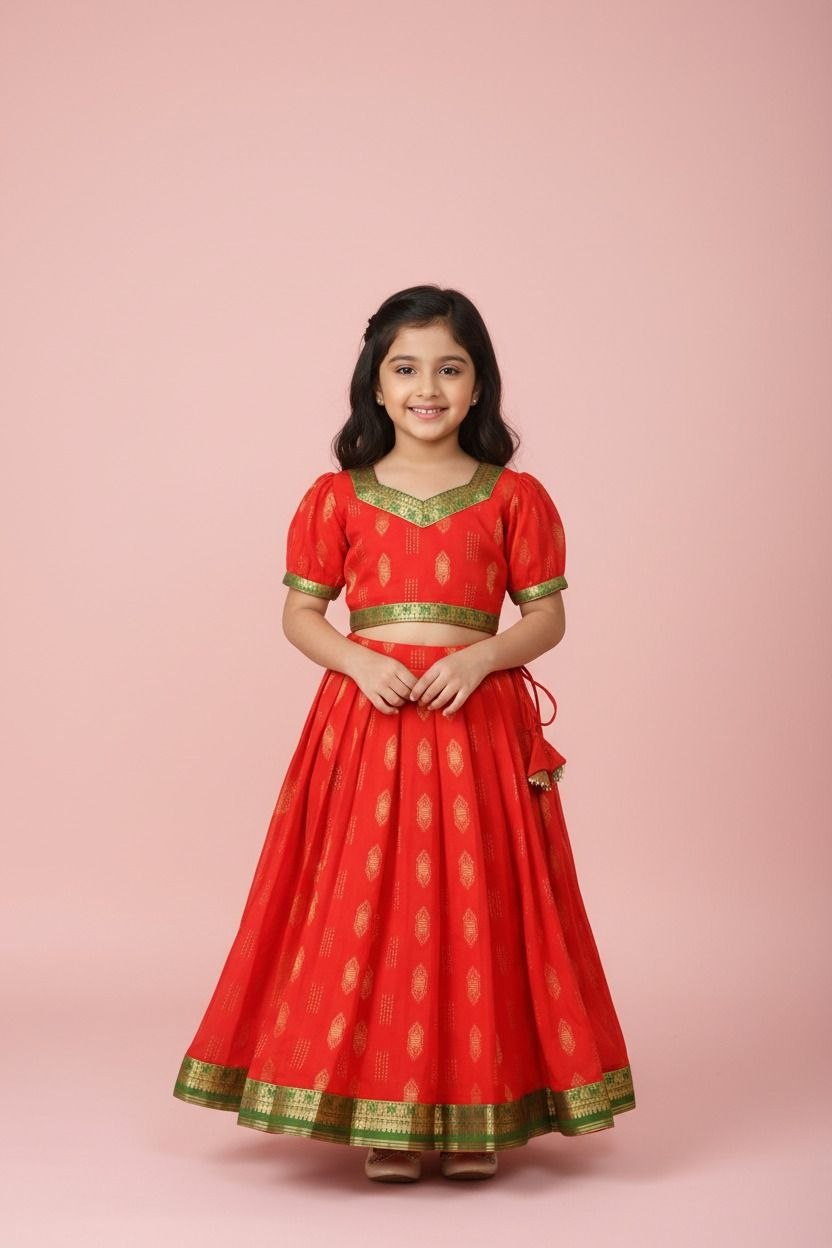 Girls Red Cotton Pure Lehnga