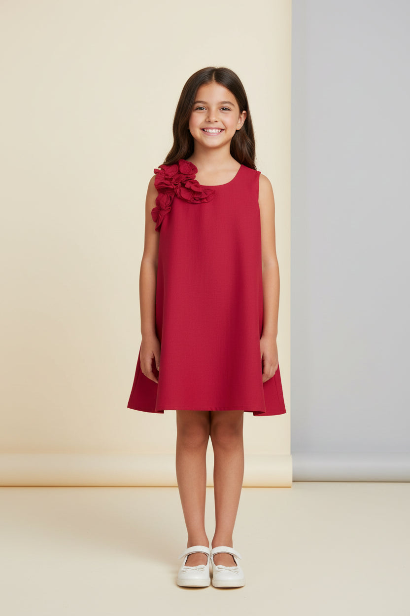Girls red A-line dress with floral applique and puff sleeves