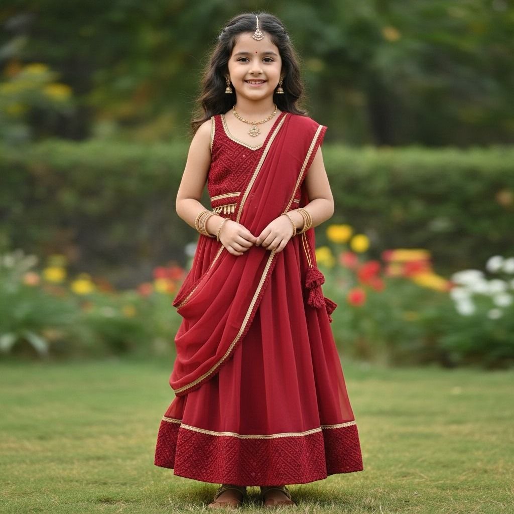 Girls Maroon Georgette Embroidered Lehnga