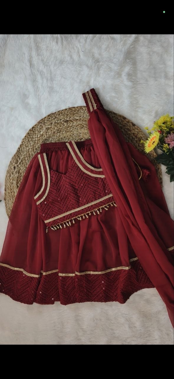 Girls Maroon Georgette Embroidered Lehnga