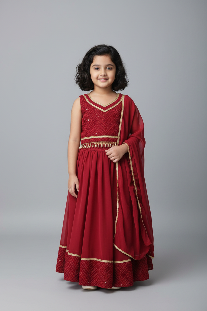 Girls Maroon Georgette Embroidered Lehnga