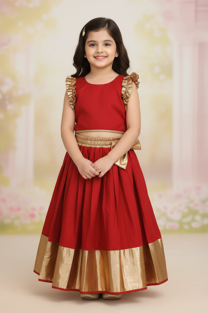 Girls red and gold silk lehenga choli set with ruffled sleeves