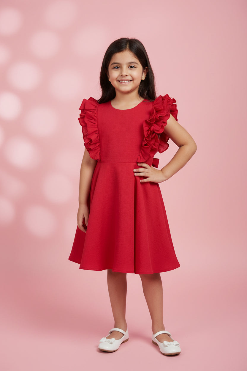 Girls red cotton viscose party dress with layered ruffle sleeves