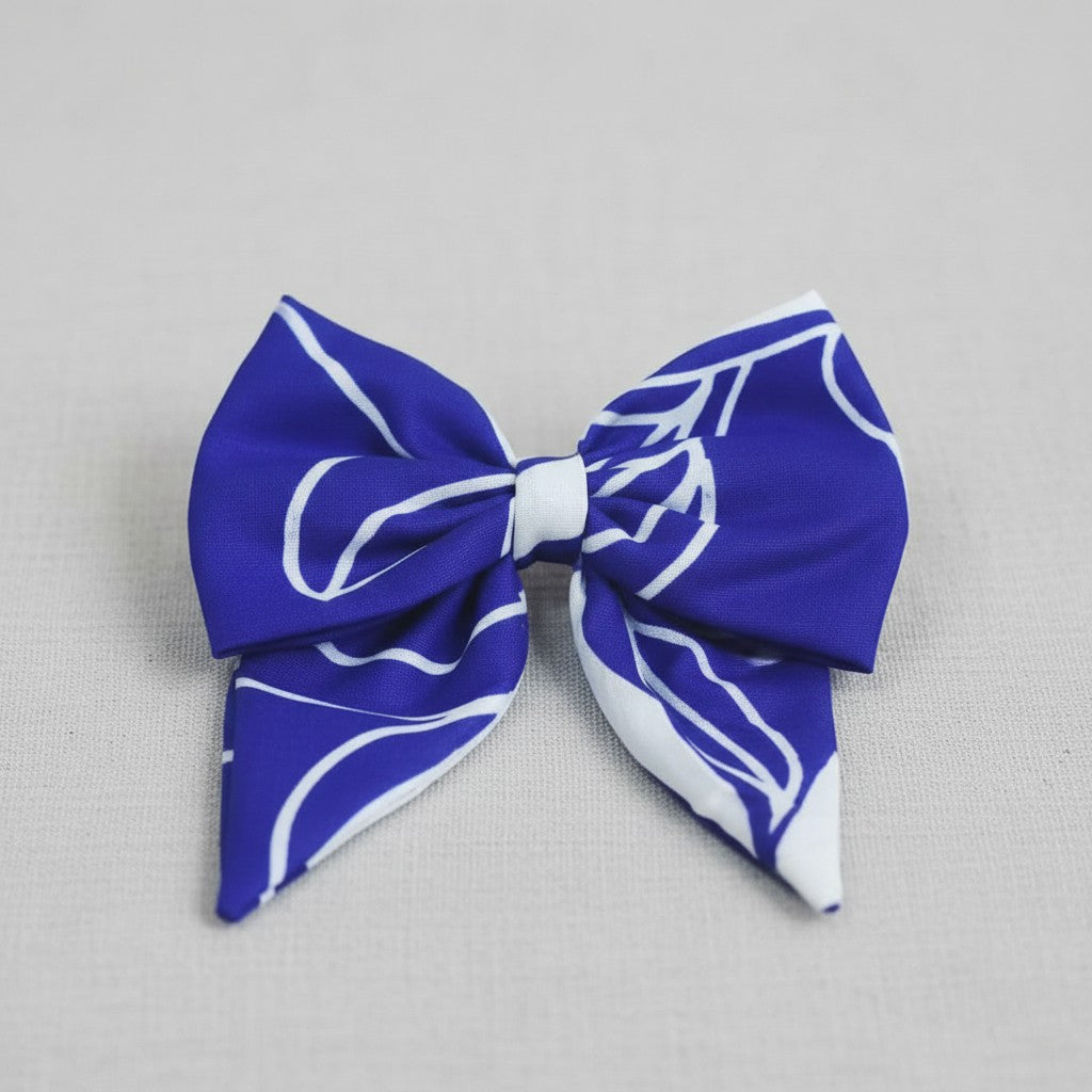 Girls royal blue and white printed cotton blend hair bow