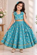 Girls sky blue Banarsi lehnga with shoulder bows