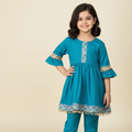 Girls teal cotton viscose kurti with embroidered borders and matching pants
