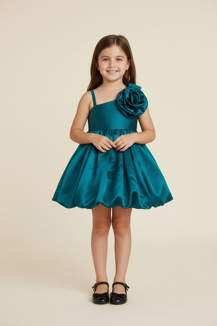 Girls teal satin one-shoulder party dress with floral applique