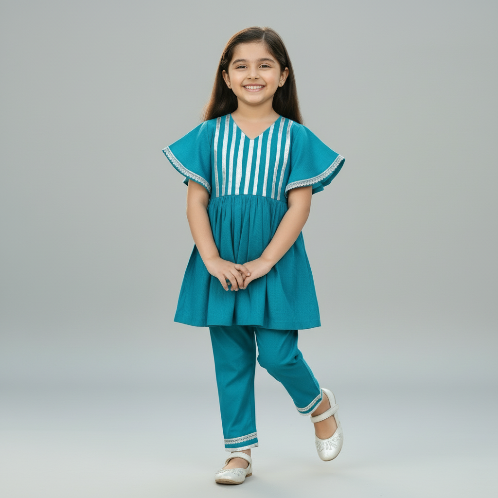 Girls teal cotton blend kurti with metallic striped yoke and pants