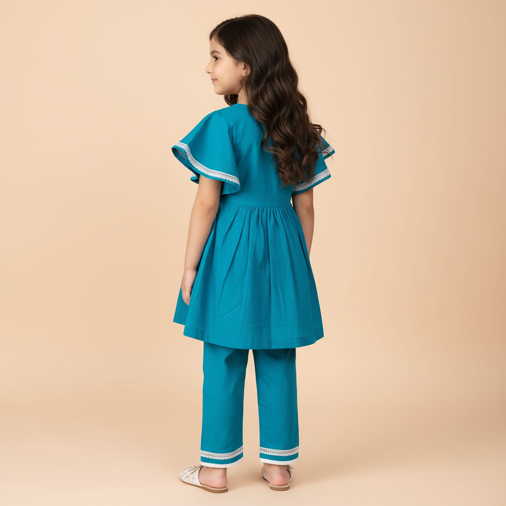 Girls teal kurti pant set - view 2