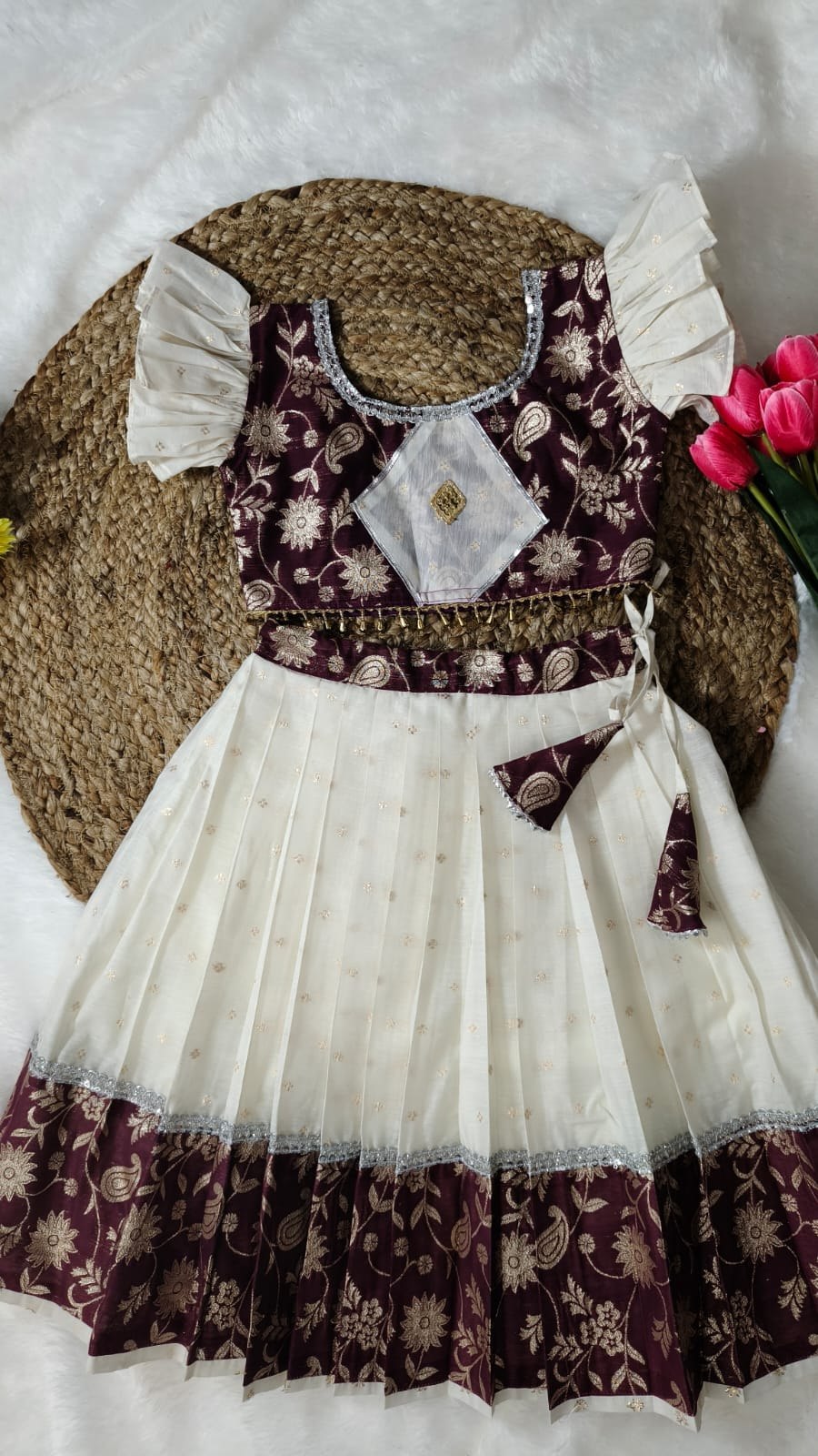 Girls White Premium Banarsi Lehenga with Ruffle Sleeves