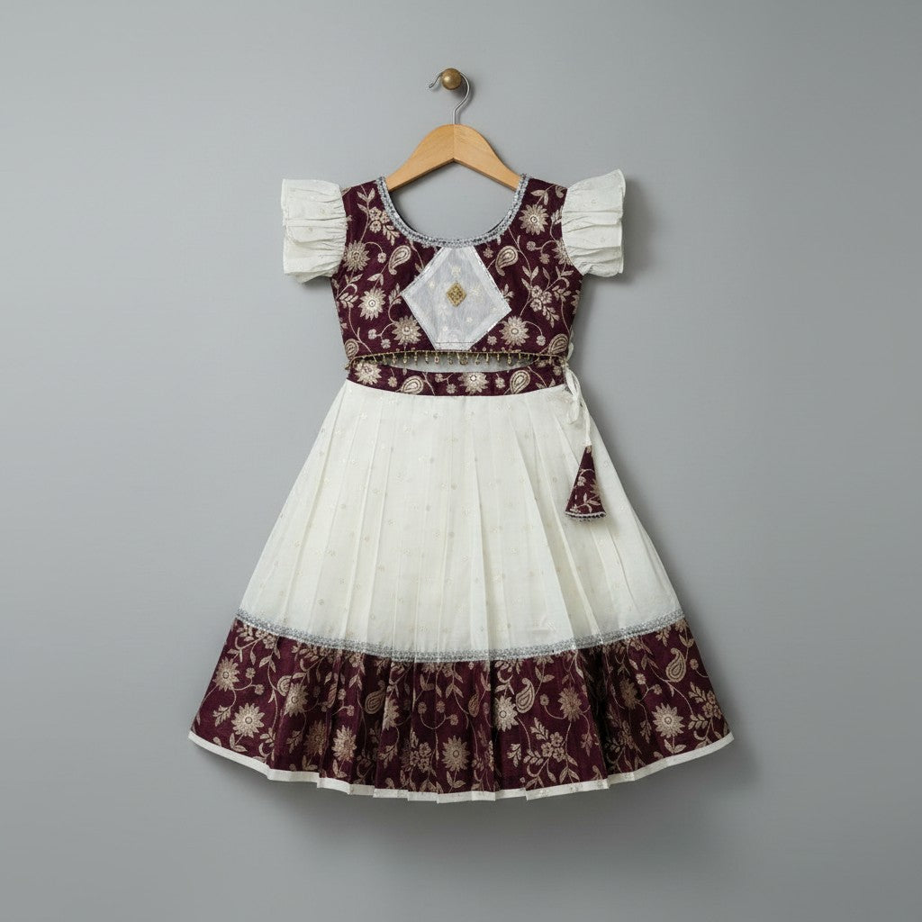 Girls White Premium Banarsi Lehenga with Ruffle Sleeves