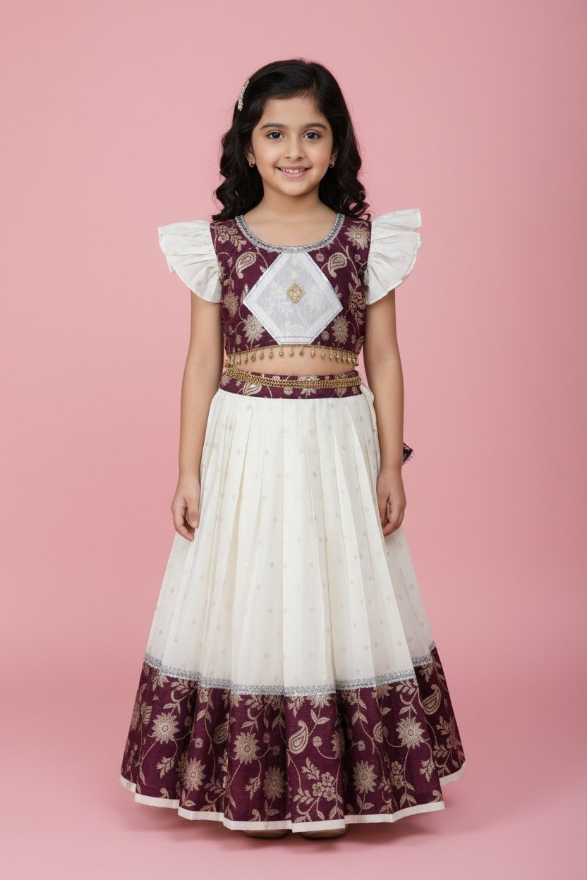 Girls White Premium Banarsi Lehenga with Ruffle Sleeves