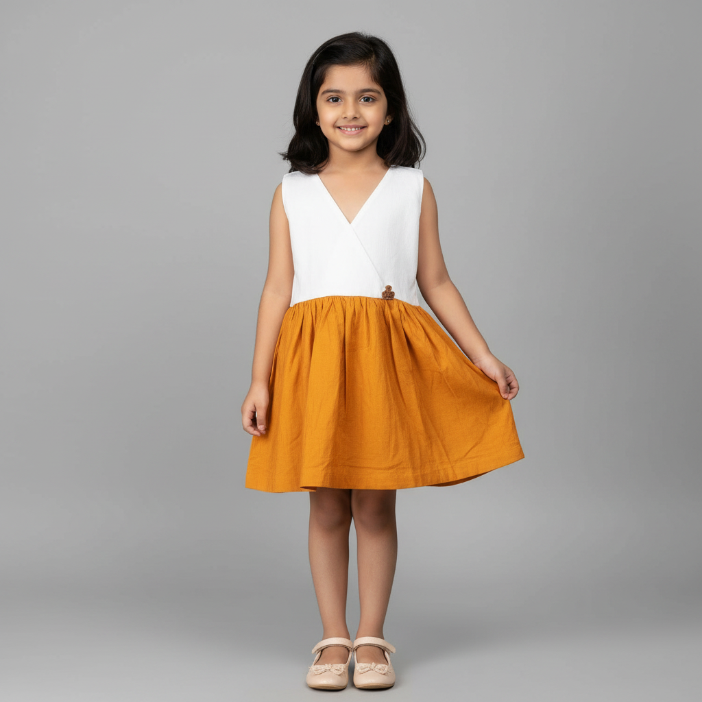 Girls white and mustard sleeveless frock with wrap bodice and gathered skirt