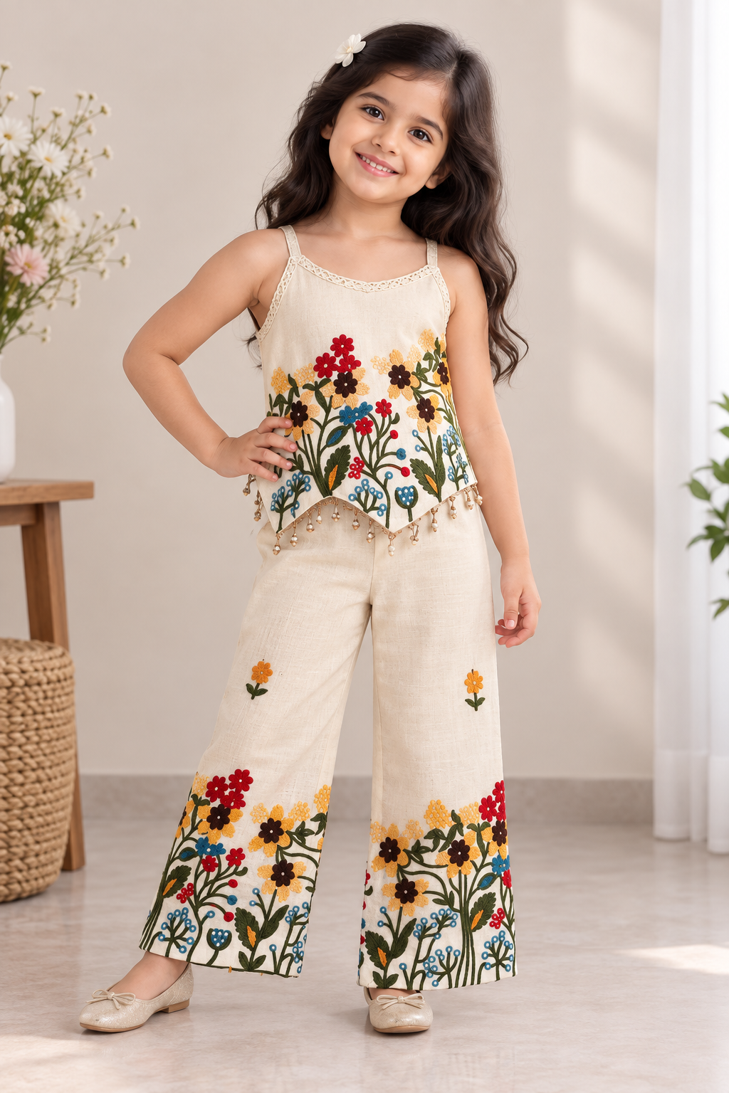 Girls white pure cotton floral embroidered strap top and bottom set