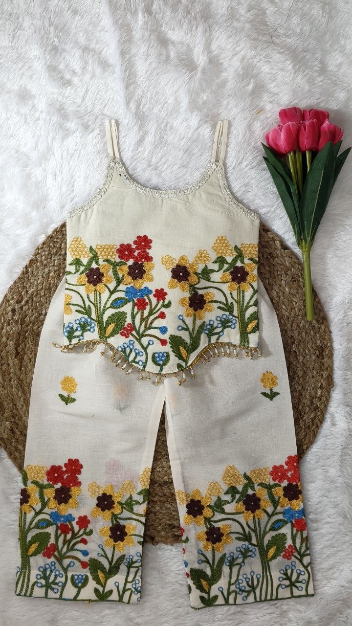 Girls white cotton embroidered top bottom - view 2