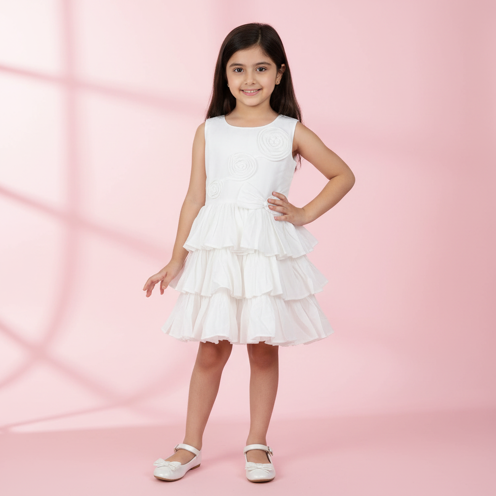 Girls white tiered ruffle dress with handmade floral rosettes