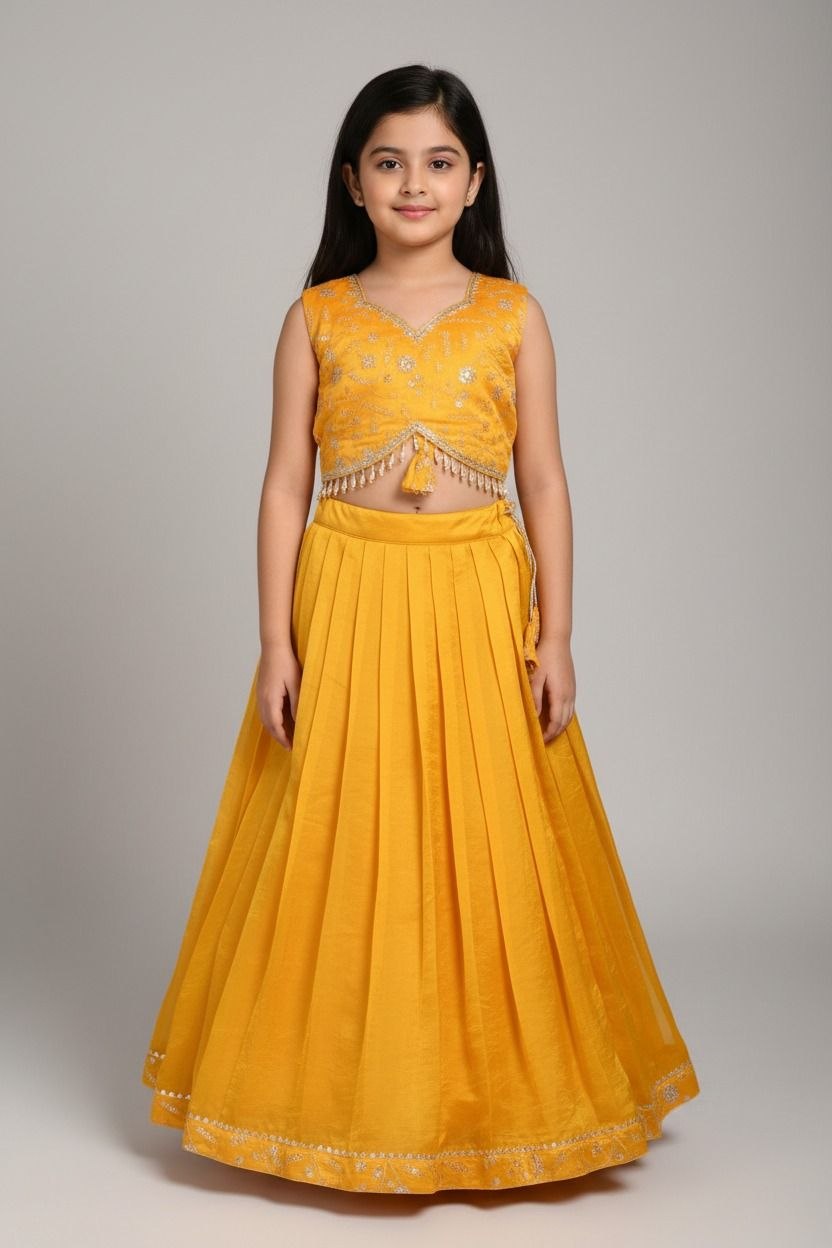 Girls Yellow Fendi Embroidered Lehnga