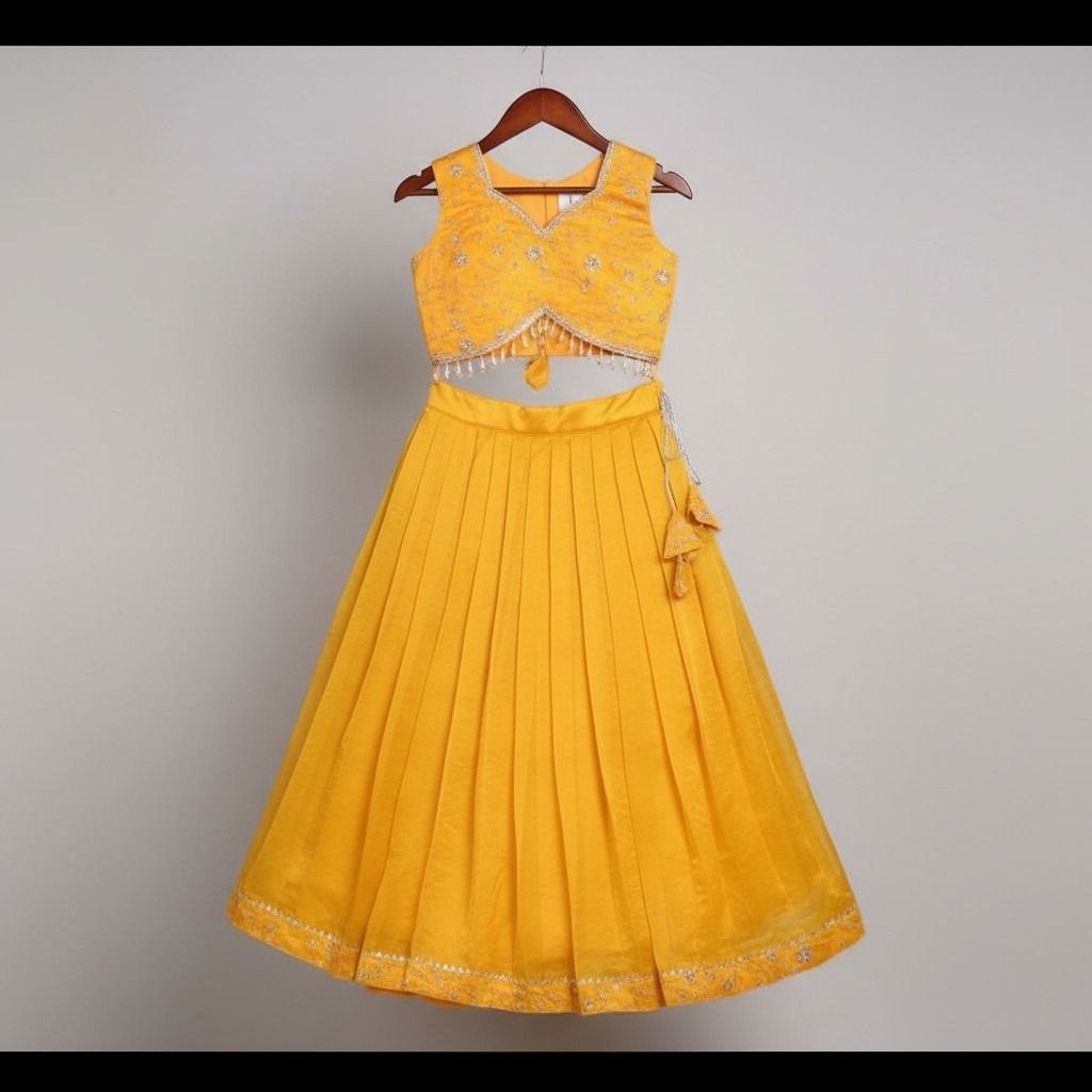 Girls Yellow Fendi Embroidered Lehnga