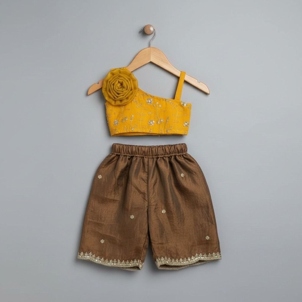 Girls Yellow Fendi-Cotton Fancy Top and Bottom Set