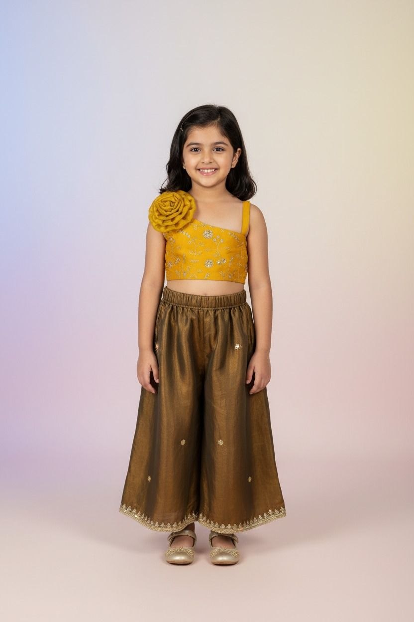 Girls Yellow Fendi-Cotton Fancy Top and Bottom Set