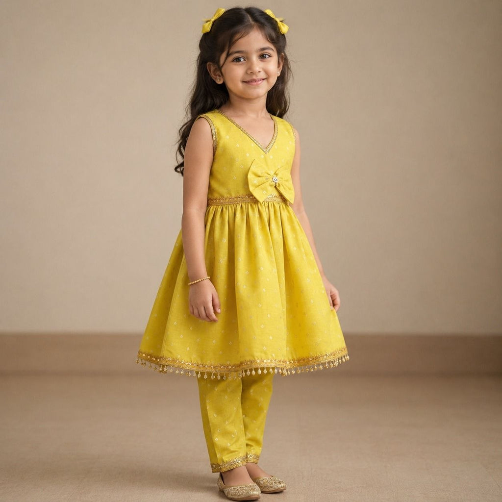 Girls Yellow Banarsi With Cotton Lining