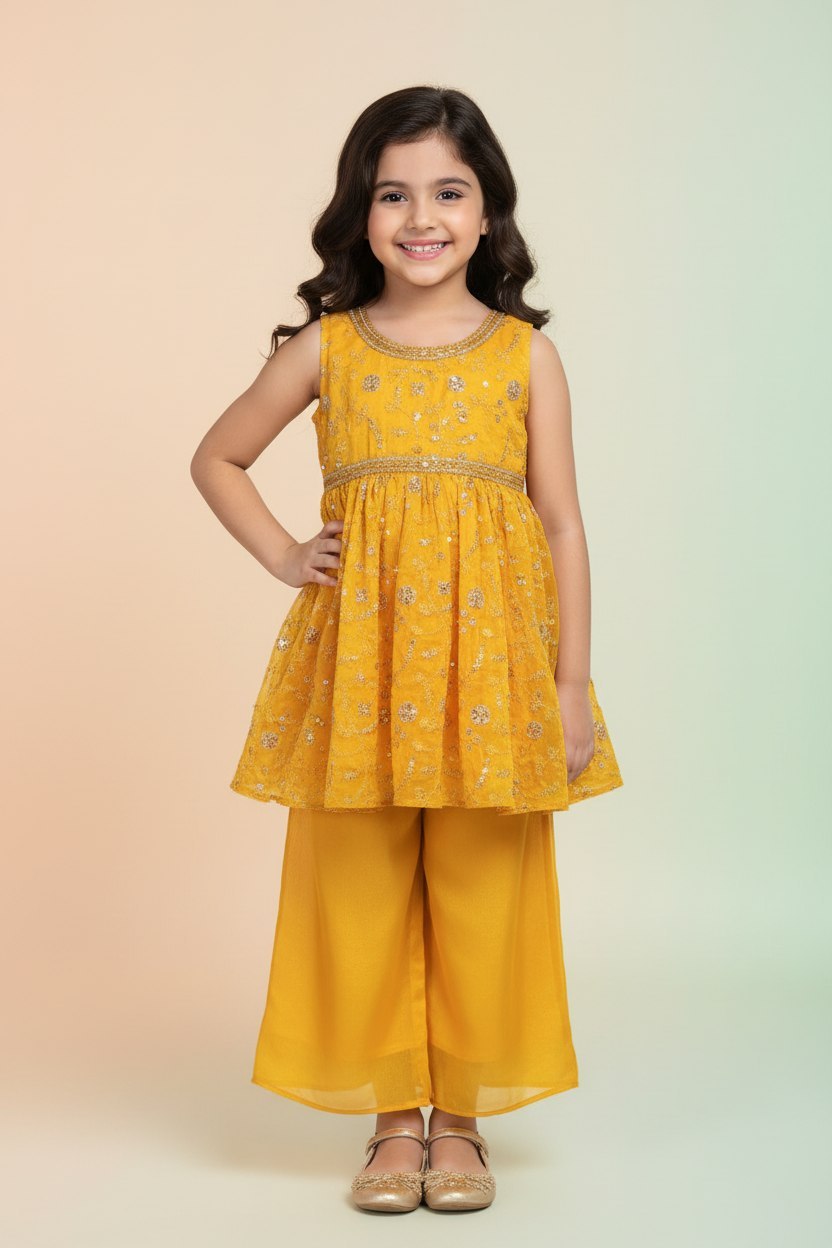 Girls Yellow Embroidered Fendi Sharara Kurta