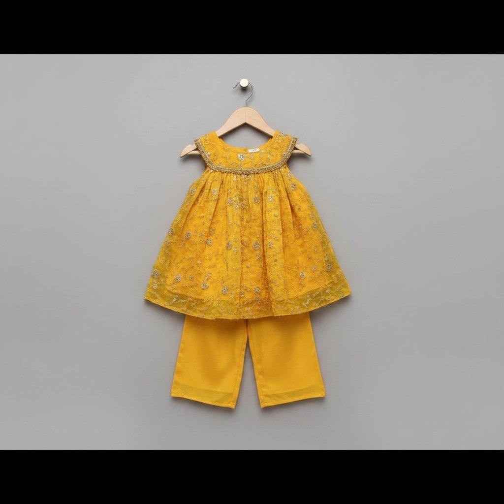 Girls Yellow Embroidered Fendi Sharara Kurta