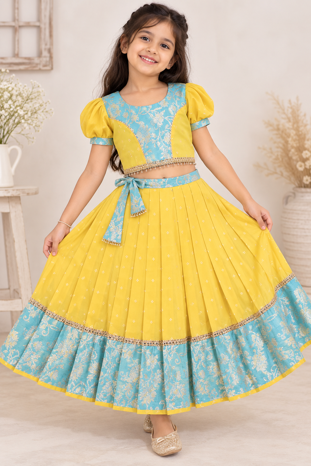 Girls yellow premium Banarsi lehnga with ruffled sleeves