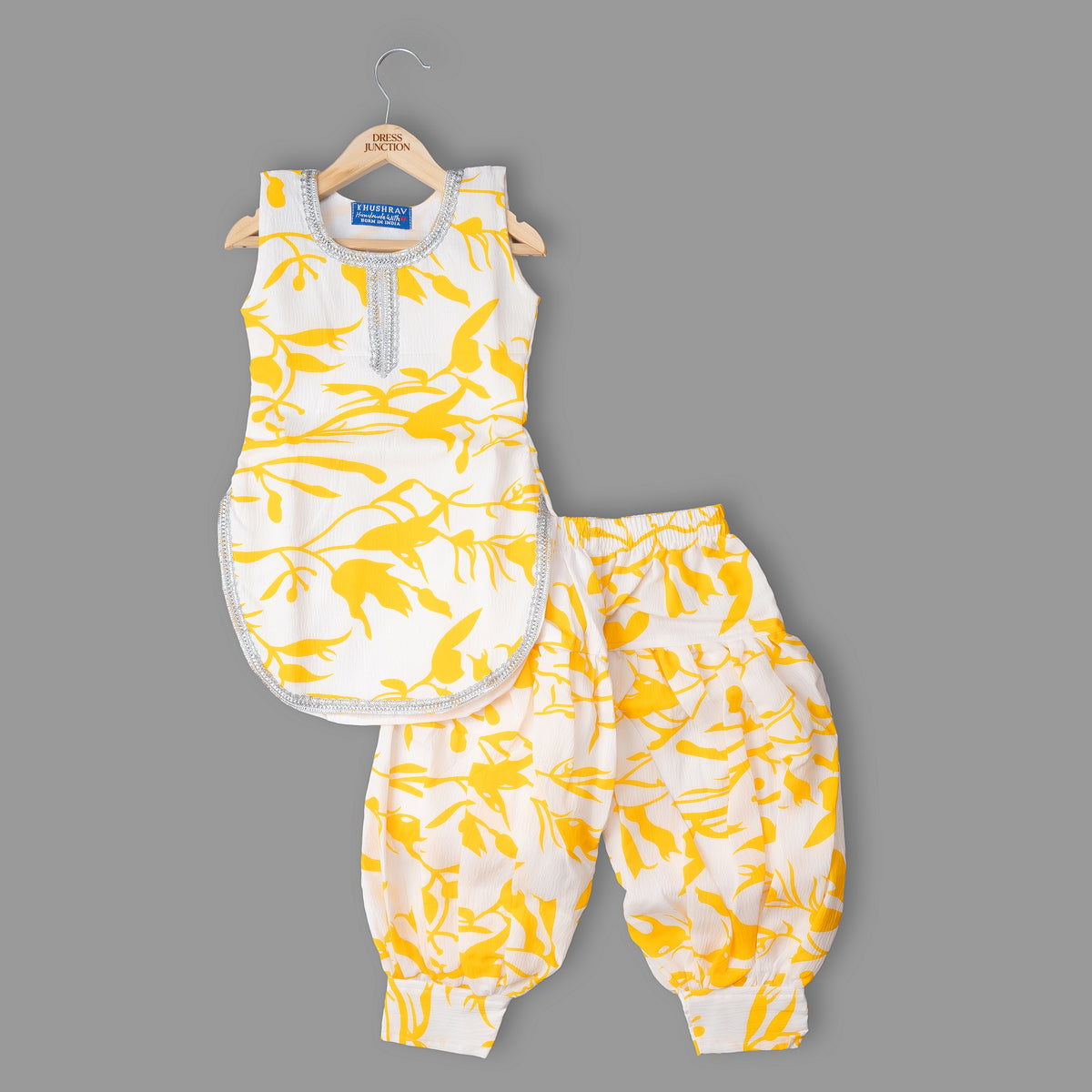 Girls yellow white printed kurta pants set - view 2