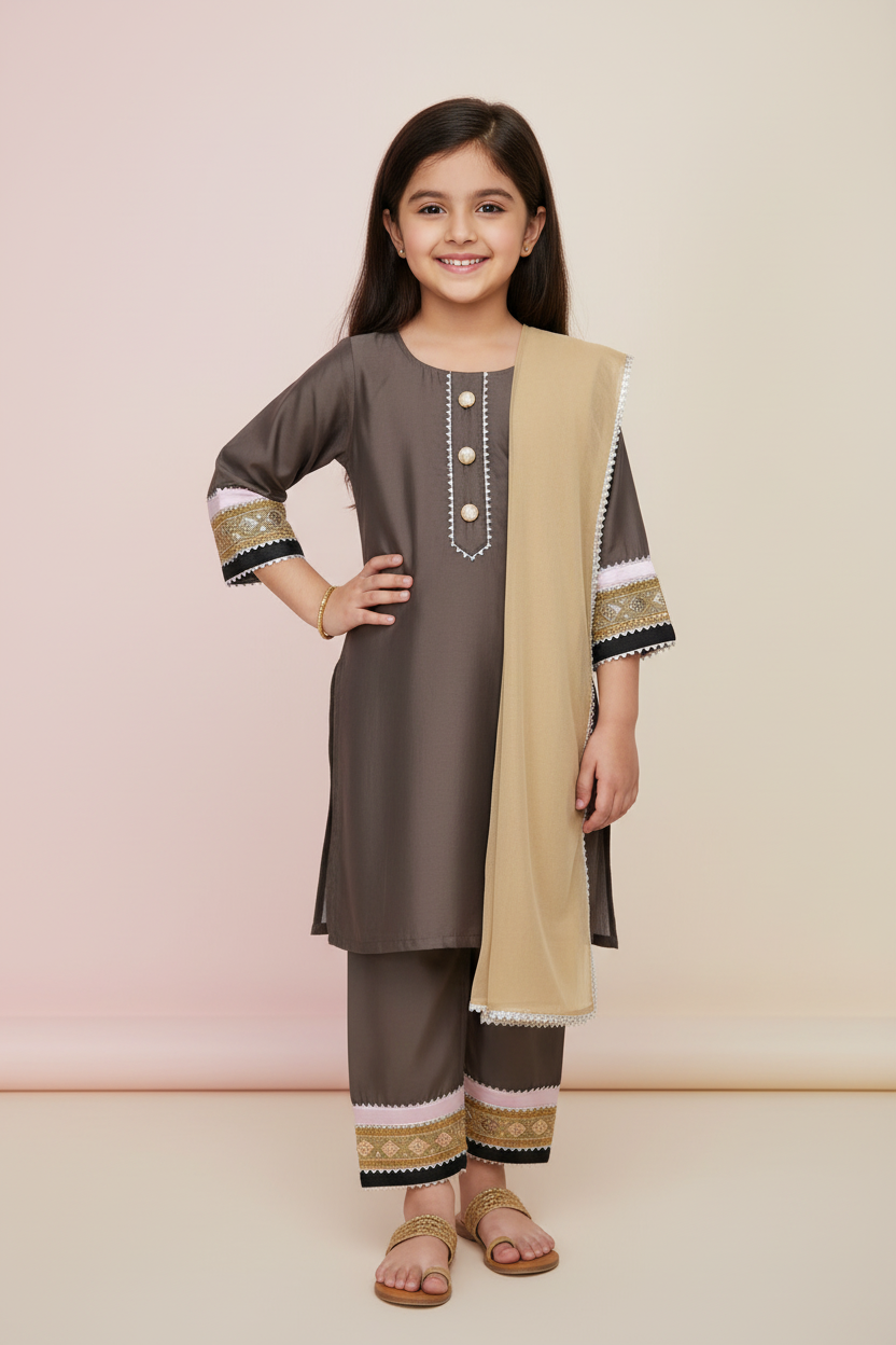 Kids brown silk kurta pyjama set with net dupatta