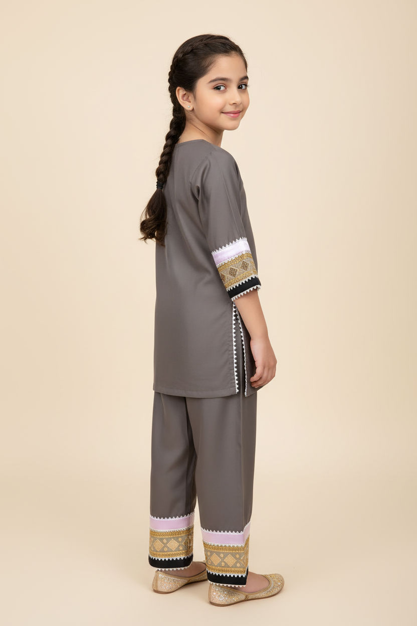Kids brown silk kurta pyjama set - view 2