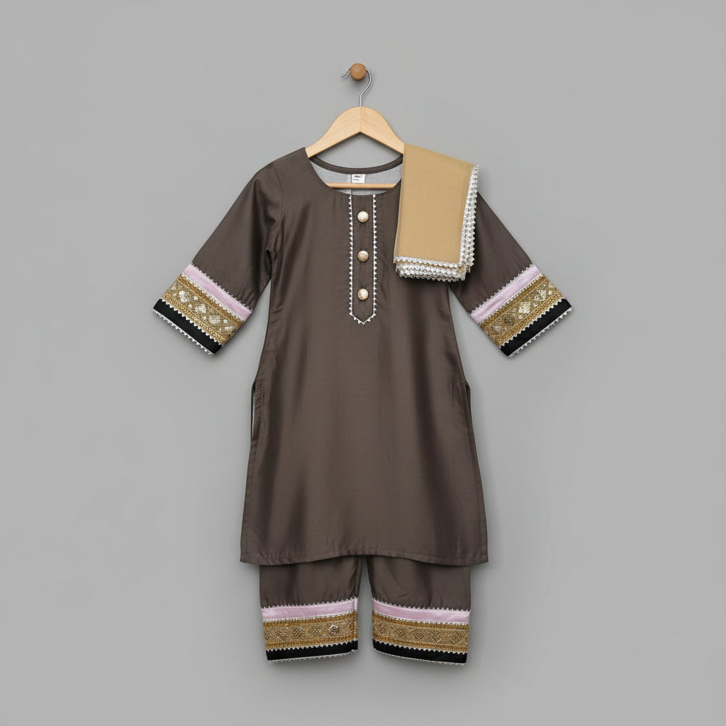 Kids brown silk kurta pyjama set - view 3