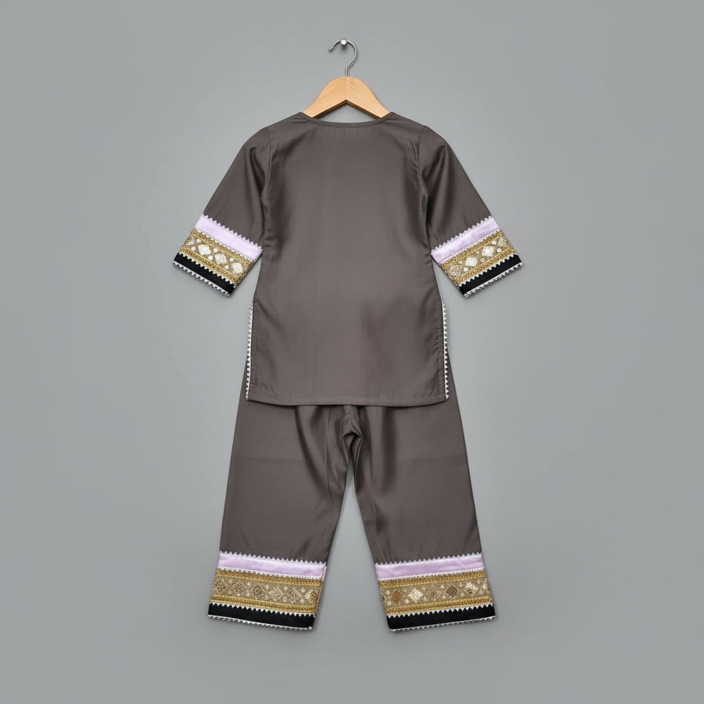 Kids brown silk kurta pyjama set - view 4