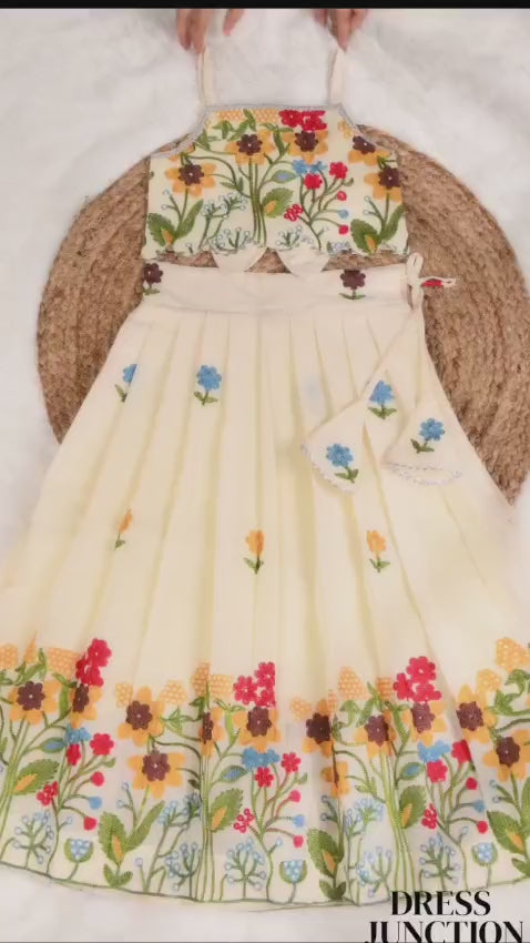 Girls Cream Pure Cotton Embroidered Lehnga