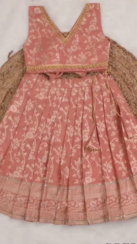 Girls Peach Pure Banarsi Long Flare Baby Girl Lehnga