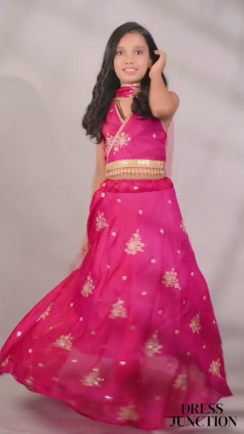 Girls Pink Embroidered Fendi Lehnga