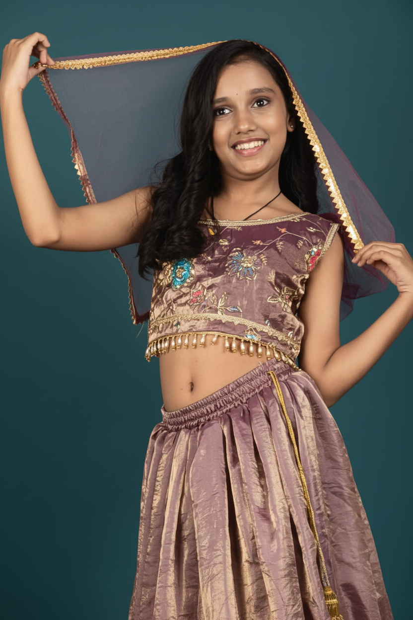 ಹುಡುಗಿಯರ ಮೆಟಾಲಿಕ್ ರೋಸ್ ಗೋಲ್ಡ್ ಫೆಂಡಿ ಕಸೂತಿ