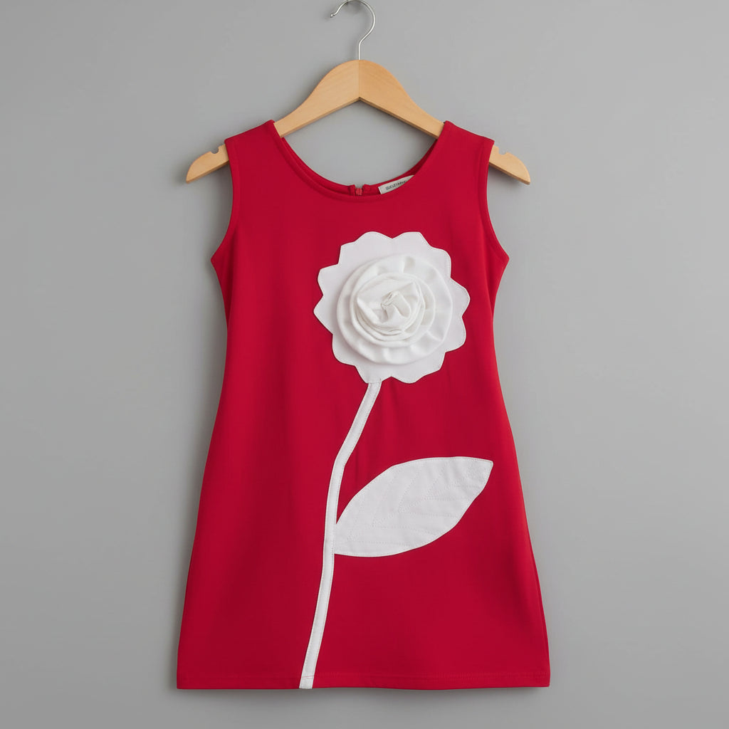 Red dress with a white flower design on a gray background