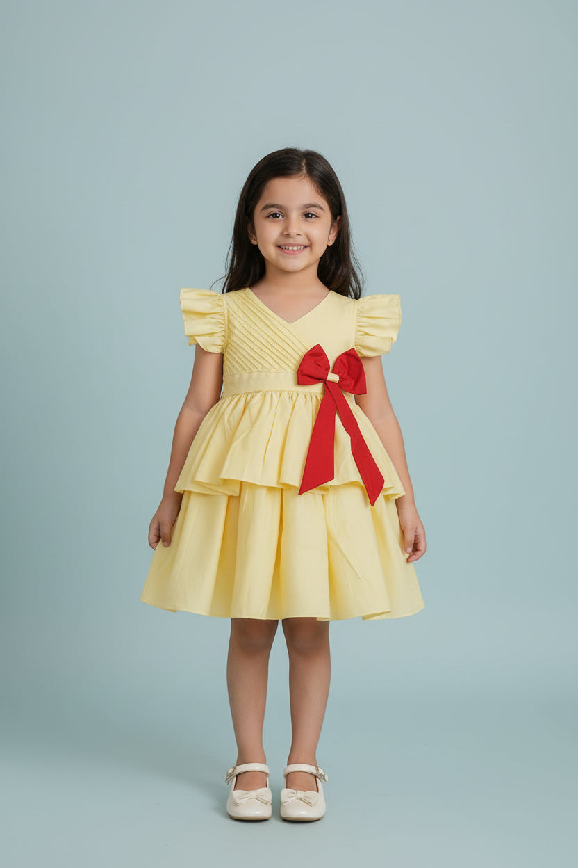 Young girl wearing a yellow dress with a red bow on a light blue background